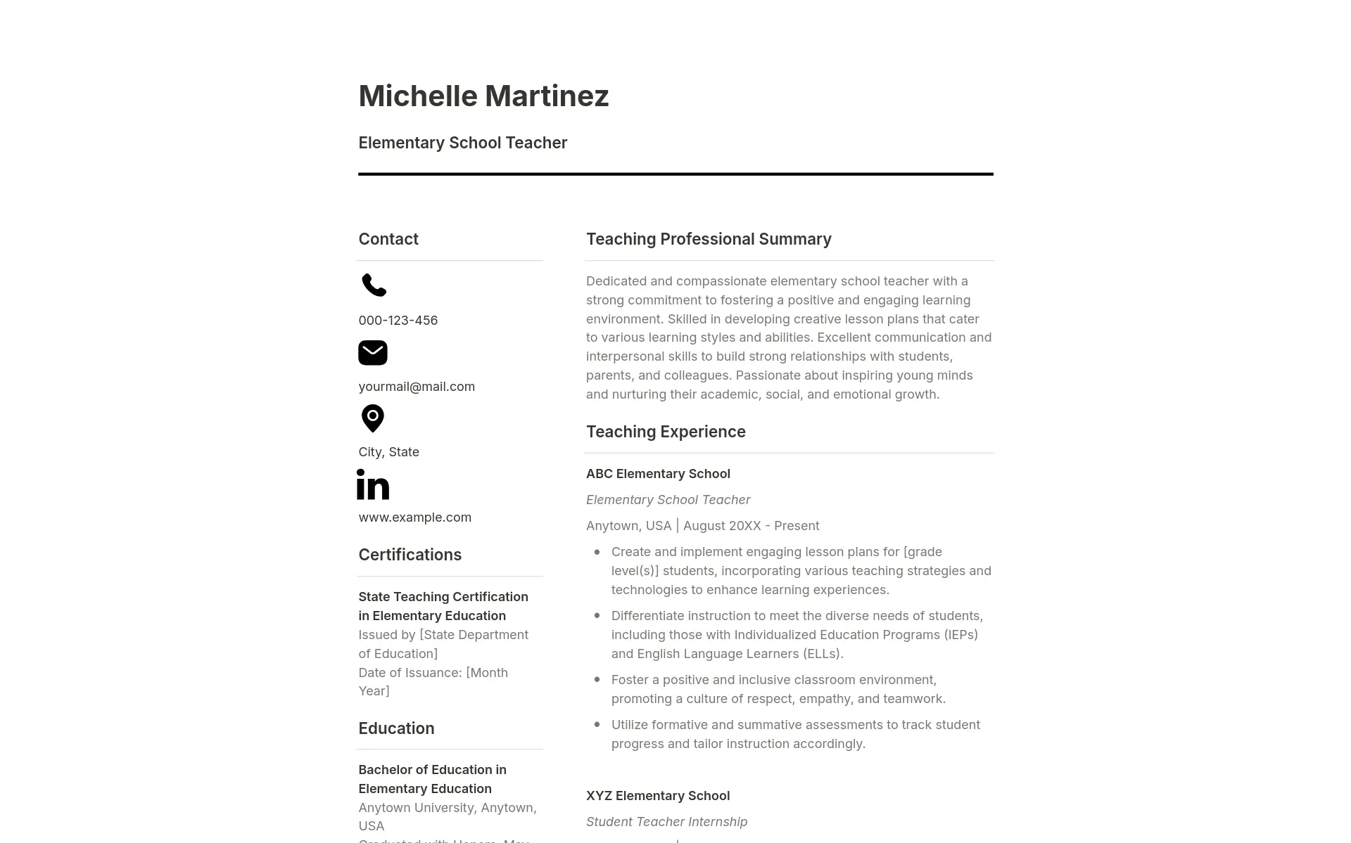 Black & White Minimalist Educator Resume